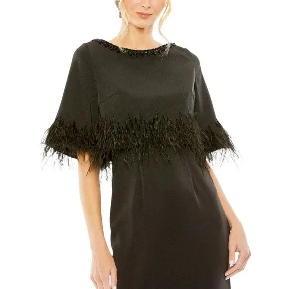MAC DUGGAL 11787 QUARTER SLEEVE CRYSTAL NECK FEATHER DETAIL BLACK GOWN - Picture 3 of 7